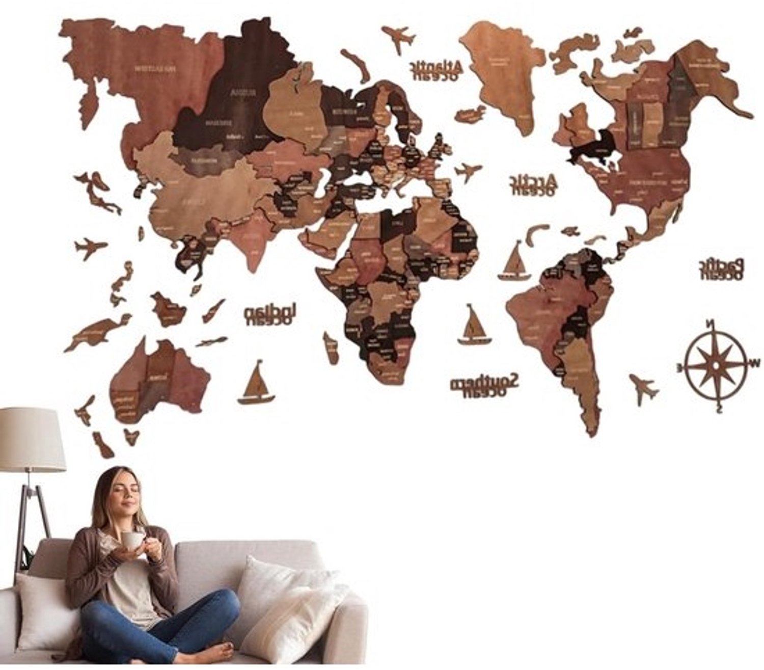 Houten muurdecoratie - Wereldkaart als decor - Wandversiering - Rustieke uitstraling - 100 x 60 cm - Bruin