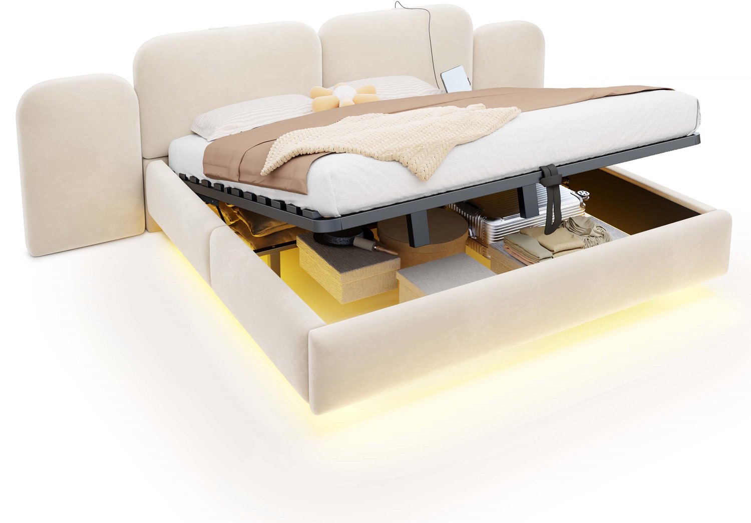 MODFU Gestoffeerd Tweepersoonsbed - Hydraulische Opbergruimte - RGB-Ledverlichting - Beige - 180 x 200 cm