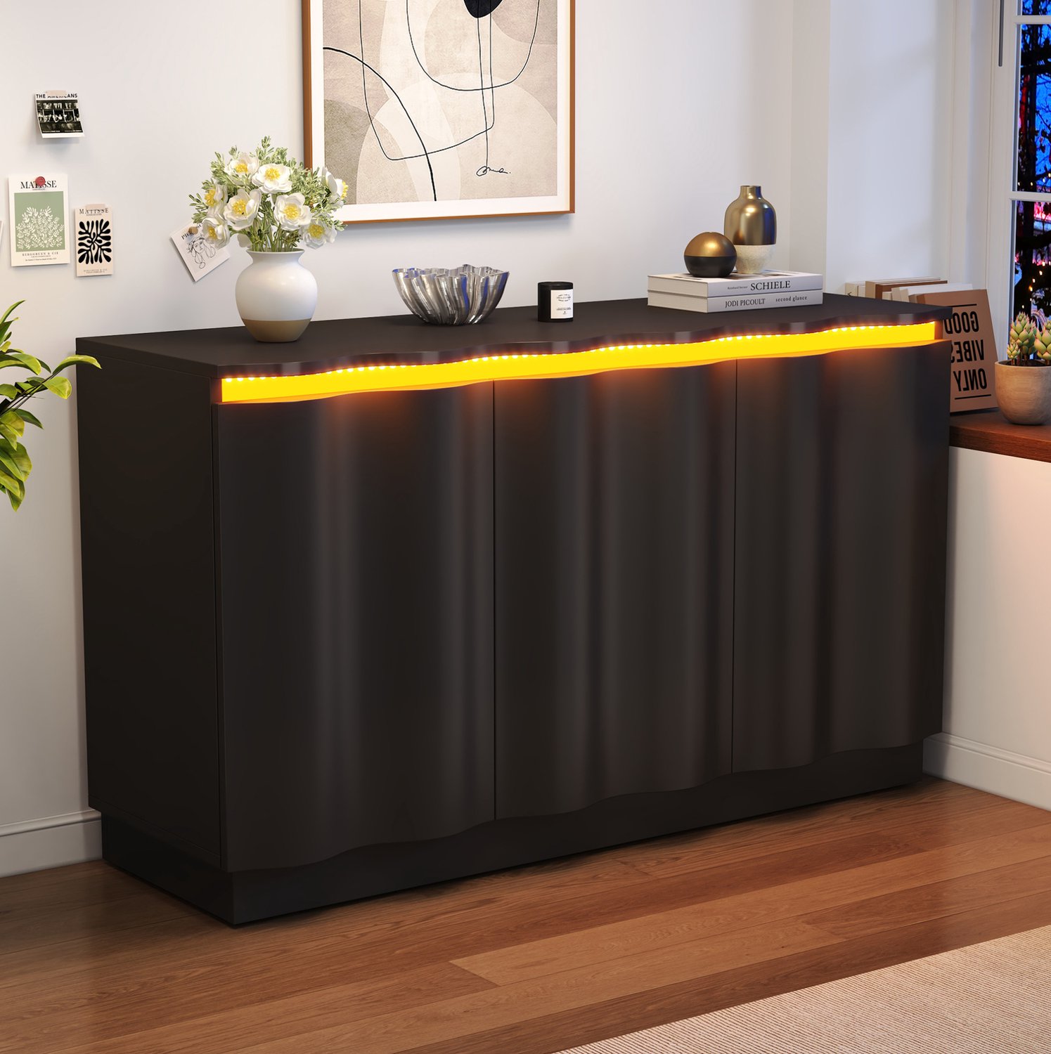 DESMIU Dressoir - Golvende Deuren en Ledverlichting via App - Voor Woonkamer, Hal en Eetkamer - Spaanplaat - Zwart - 120 x 39,5 x 69,5 cm