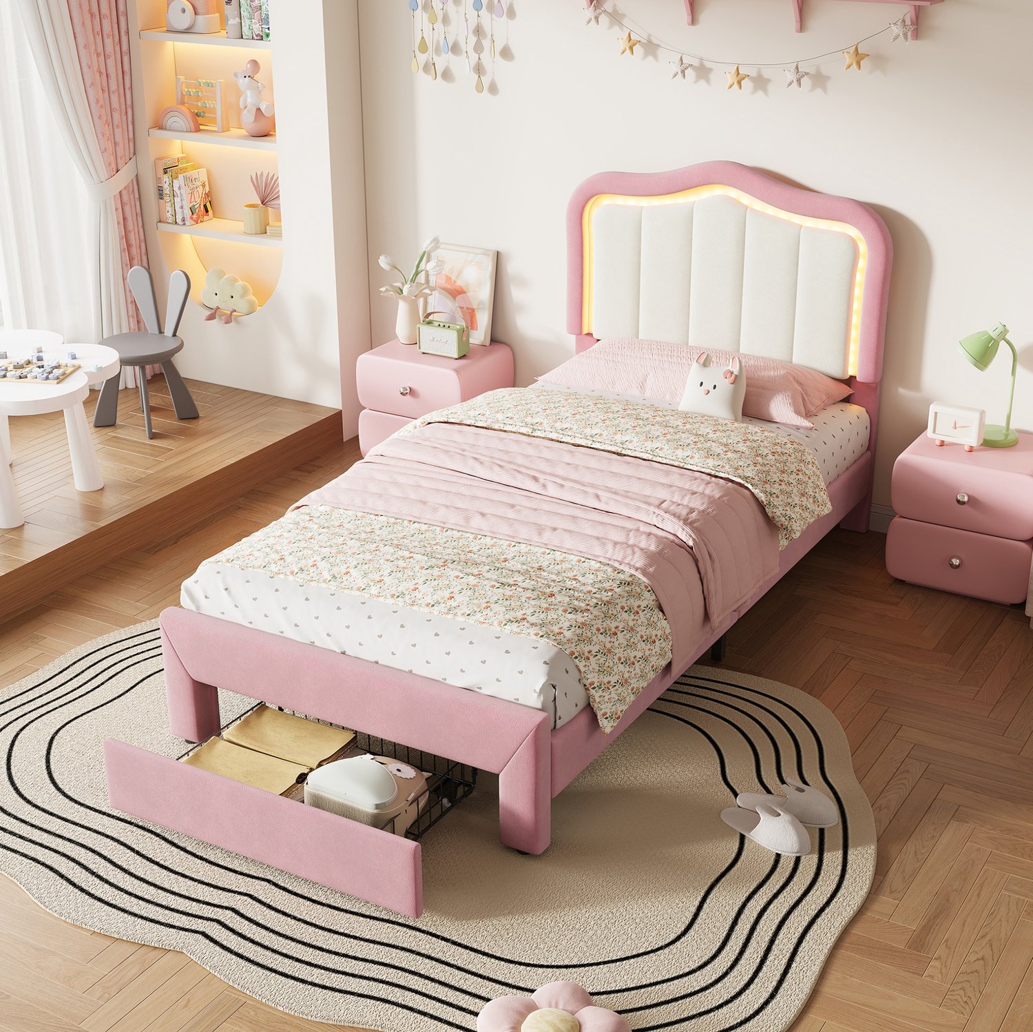 MODFU Kinderbed - Bedlade En Appgestuurde Ledverlichting - Fluweel - Roze - 90 X 200 Cm