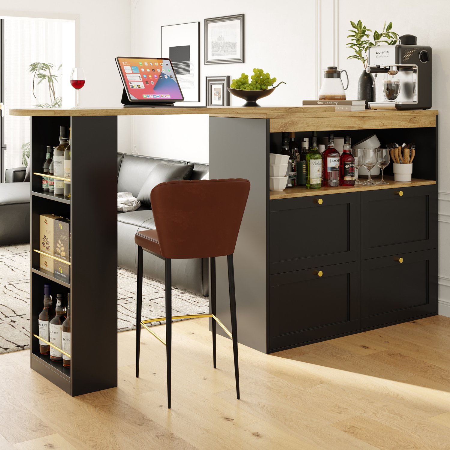 Maisentiel Zwarte bartafel met 360° draaibaar zijrek en 4 lades - 138 cm breed