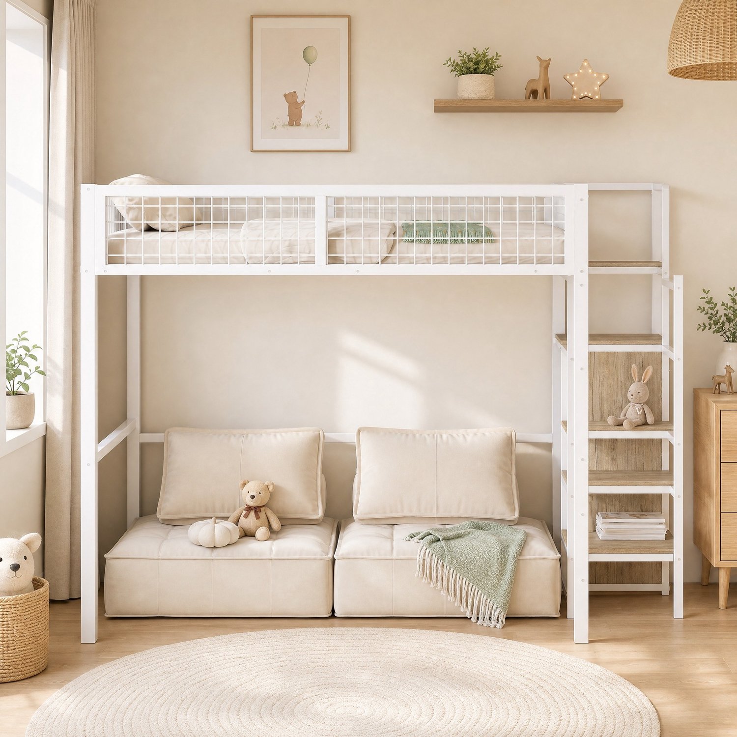 Maisentiel Witte hoogslaper 140 x 200 cm met ladder en kledingkast - metaal en MDF