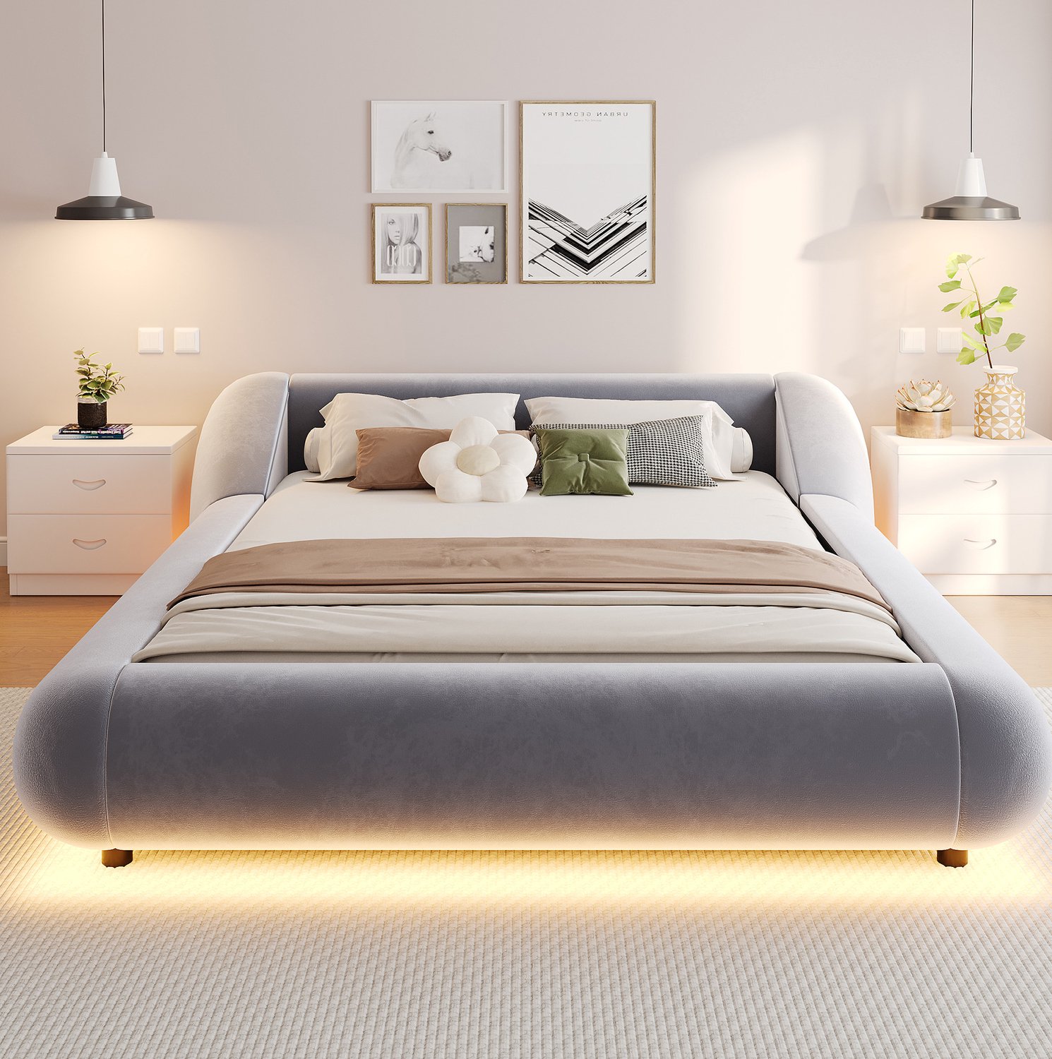 Maisentiel Gestoffeerd bed 140 x 200 cm - grijs fluweel - zwevend design met ledverlichting