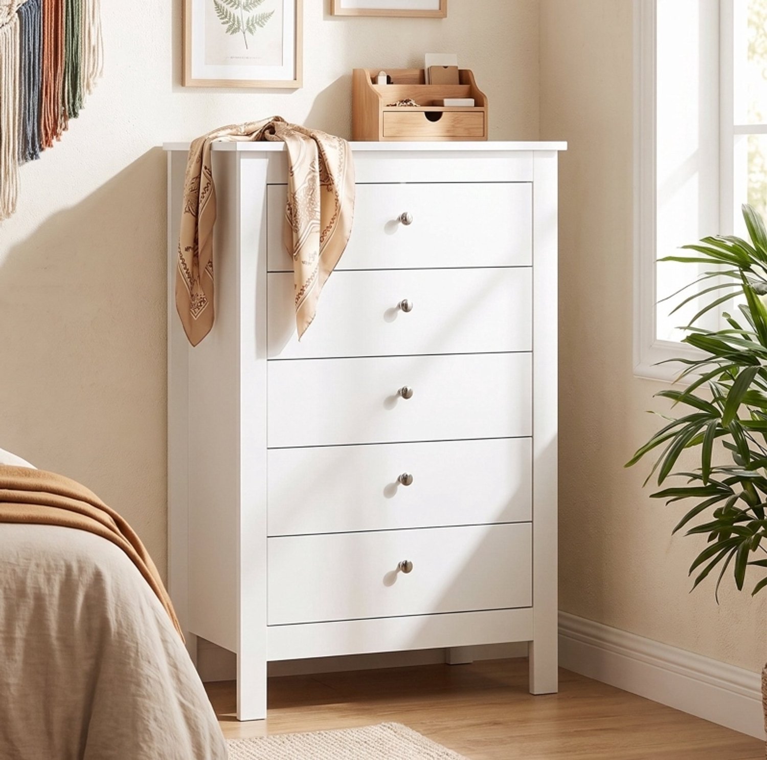 DESMIU Ladekast - 5 Laden met Soepel Lopende Geleiders - Voor Slaapkamer, Woonkamer en Hal - Wit MDF - 60 x 39,5 x 95,3 cm