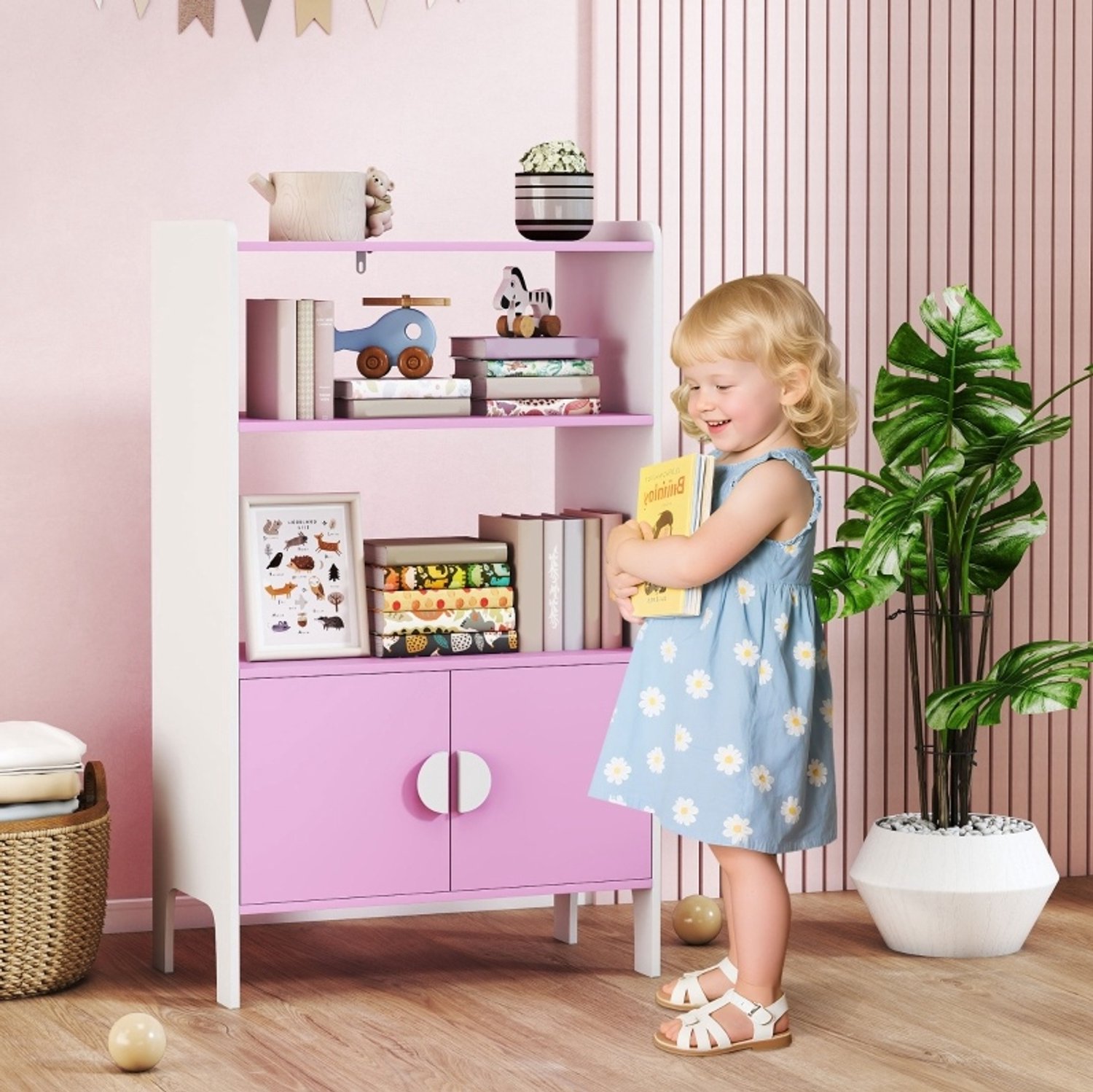 HAUSS SPOLE Kinderboekenkast Kantelbeveiliging – 60 x 35 x 100 cm – MDF – Roze en Wit – Open Vakken en Kastdeuren – Antislipvoetjes