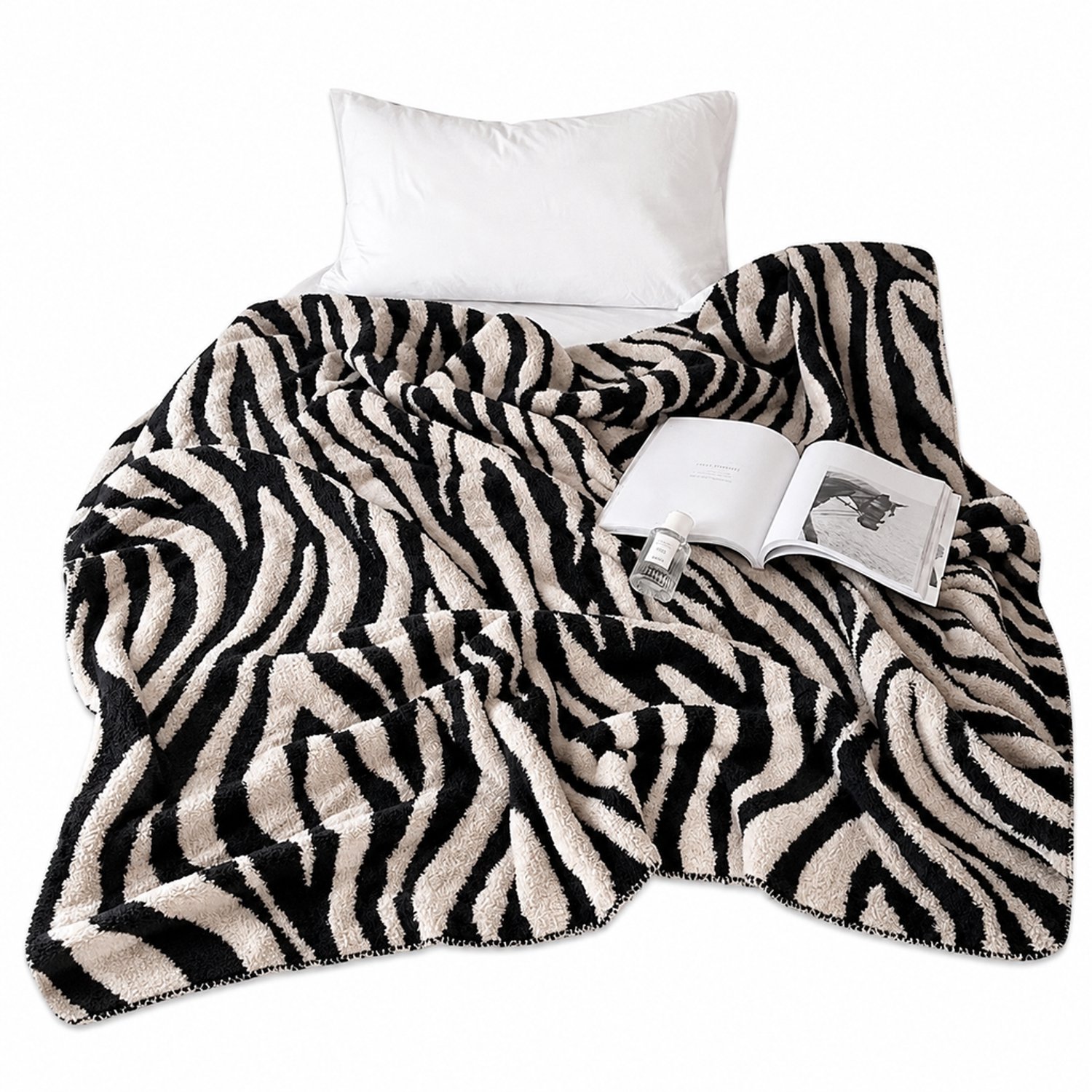 SWGOTA Gebreide plaid met zebraprint 130 x 170 cm - acryl deken voor bank en bed Zwart