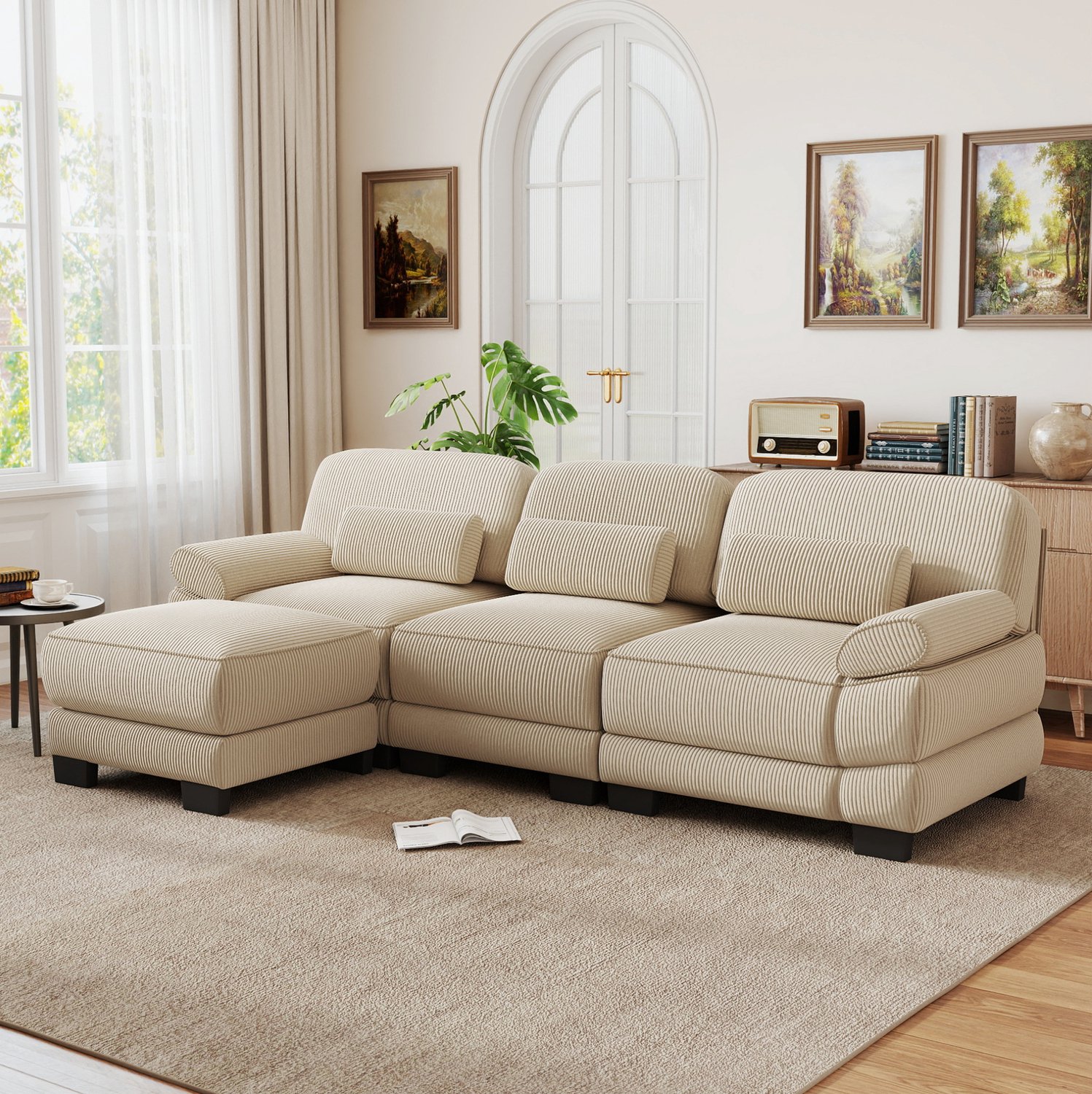 Wishdor 3-zits hoekbank met voetenbank - Modulaire opstelling in L- of U-vorm - Ribstof met zachte zitkussens - Lendenkussen en afneembare armleuningen - Woonkamer - Beige - 265 x 161 x 94 cm
