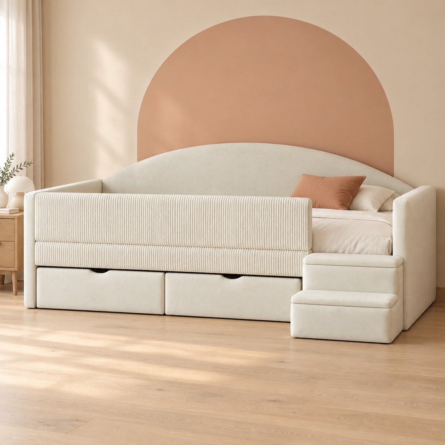 Maisentiel Gestoffeerd kinderbed 90 x 190 cm met 2 lades, opstap en bedhek - beige