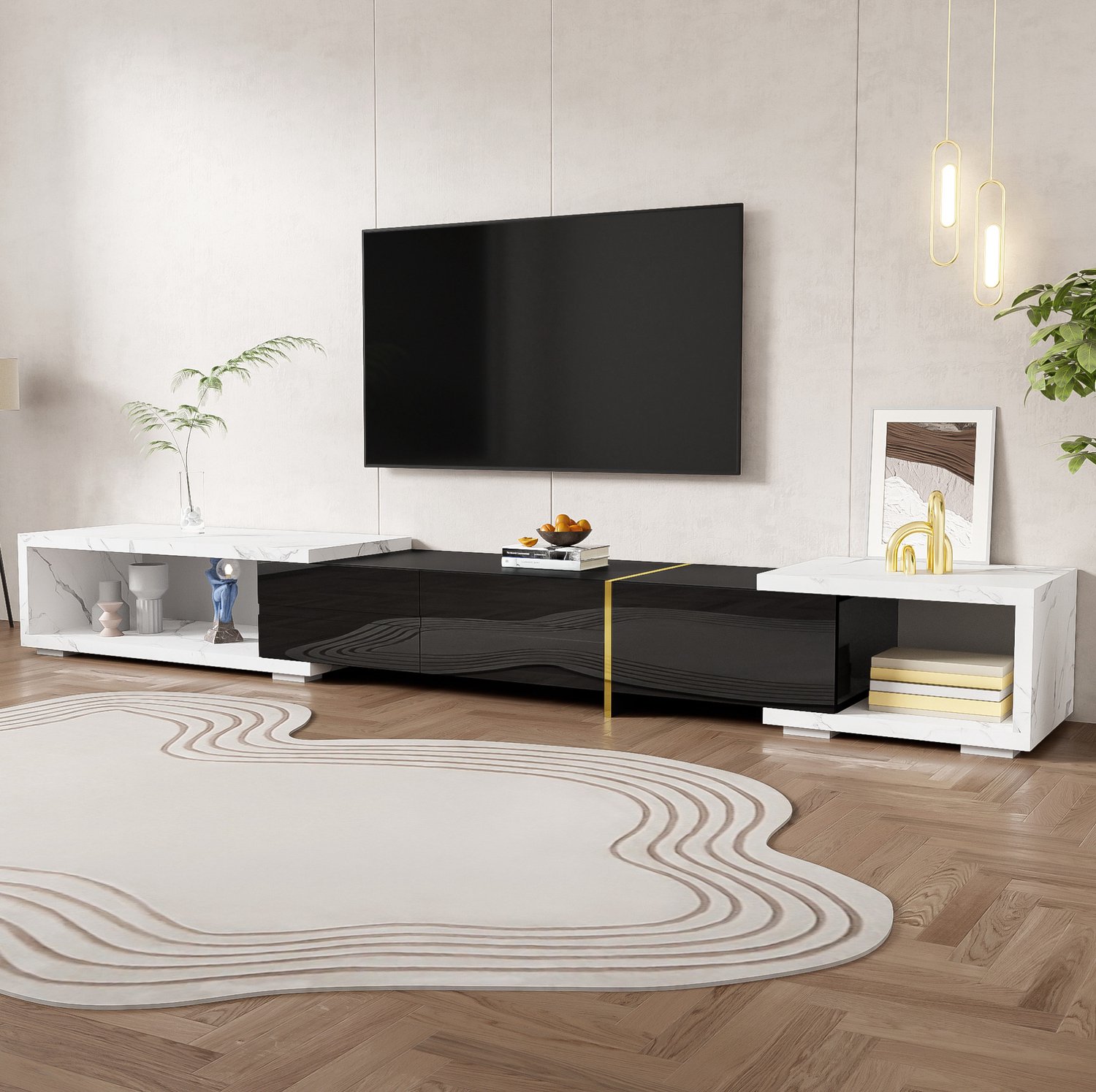 Maisentiel Uitschuifbaar en draaibaar tv-meubel 140-260 cm - zwart met witte marmerlook