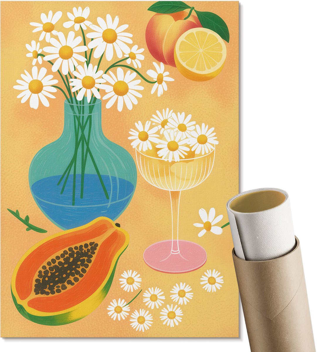 Coloray Polycanvas Wandposter - Bloemen En Vruchten, Illustratie - A4 - Geel Design - Rechthoek - Interieurdecoratie - Woonkamer, Slaapkamer, Kantoor - Decoratief