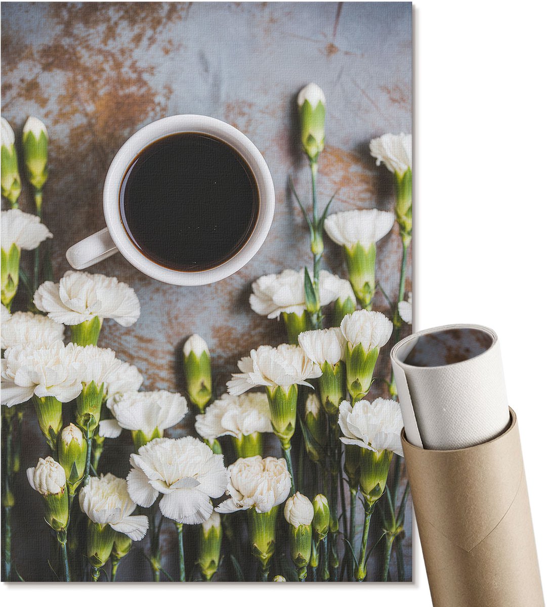 Coloray Polycanvas Wandposter - Koffie Met Bloemen, Fotografie - A4 - Wit Wandposter - Rechthoek - Canvasposter - Woonkamer, Slaapkamer, Kantoor - Klassiek