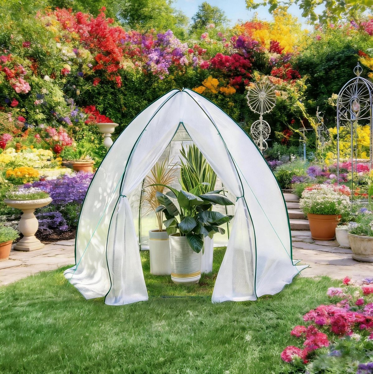 Wishdor Tuinkas - Teepee vorm - Ritsdeur met muggengaas en ventilatie - Voor tuin en kweek - Polyethyleen staal - Wit - 240 x 200 x 240 cm