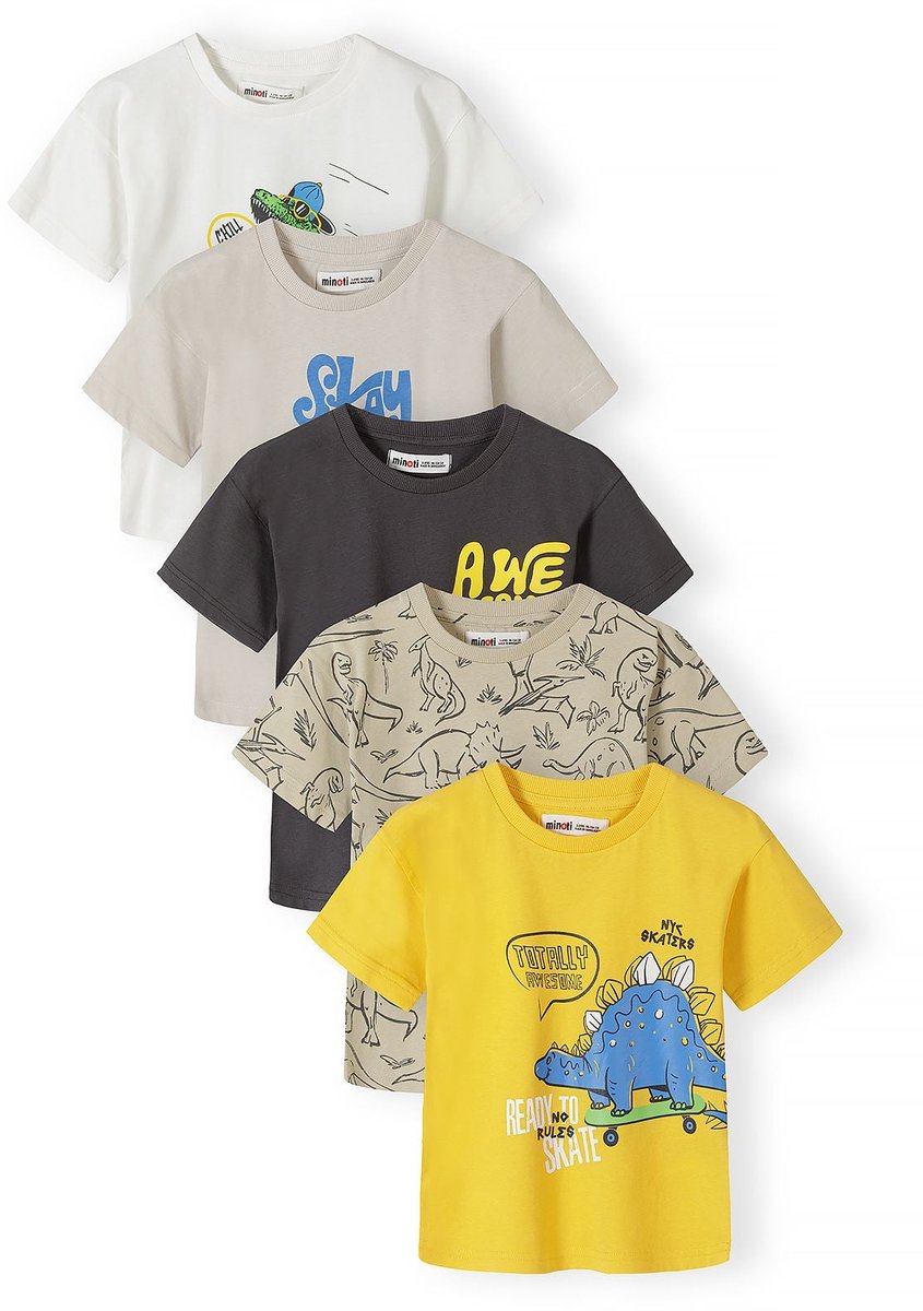 Minoti T-shirt 5-pack jongens met dinosaurusprint - 100% katoen - wit