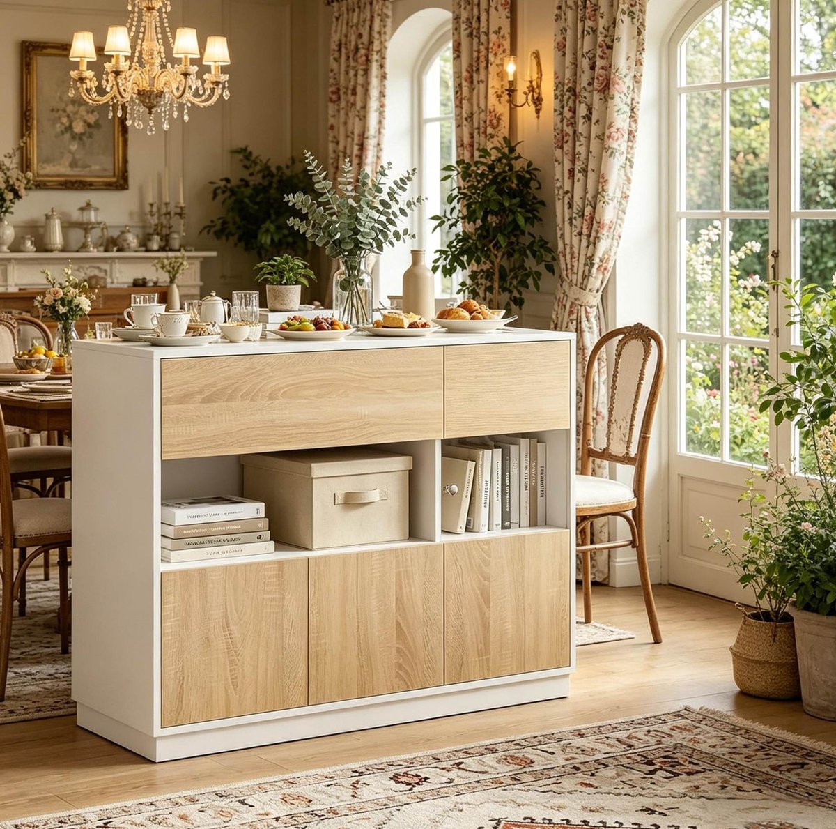 MODENUIT Dressoir - Met Lade En Open Vak - Voor Hal En Woonkamer - Hout - Wit En Licht Eiken - 100x40x80 Cm