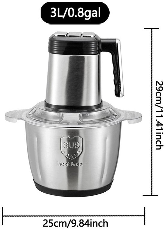 Hakmolen Elektrisch - Food Chopper RVS - Groentesnijder - Keukenmachine - 3 Snelheden - 3L - Veiligheidsslot - 25x29 cm - Multifunctioneel Hakmolen - Voor Vlees & Groenten & Noten & Babyvoeding — afbeelding 3