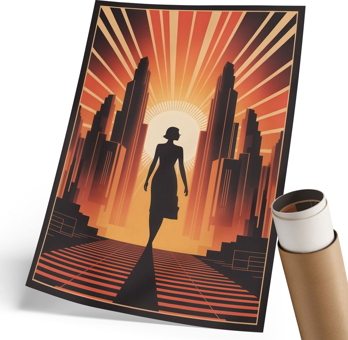 Coloray Canvas Poster Polycanvas - Stadsdroom, Poster - 210 x 297 mm - Oranje Patroon - Rechthoek - Muurdecoratie - Woonkamer, Slaapkamer, Kantoor - Art deco