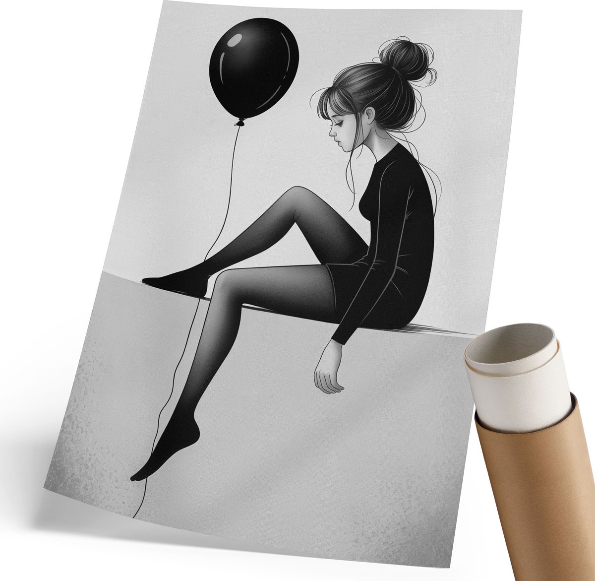 Coloray Polycanvas Wandposter - Meisje Met Een Ballon, Illustratie - 210 x 297 mm - Zwart Kunst - Rechthoek - Muurkunst - Woonkamer, Slaapkamer, Kantoor - Expressief