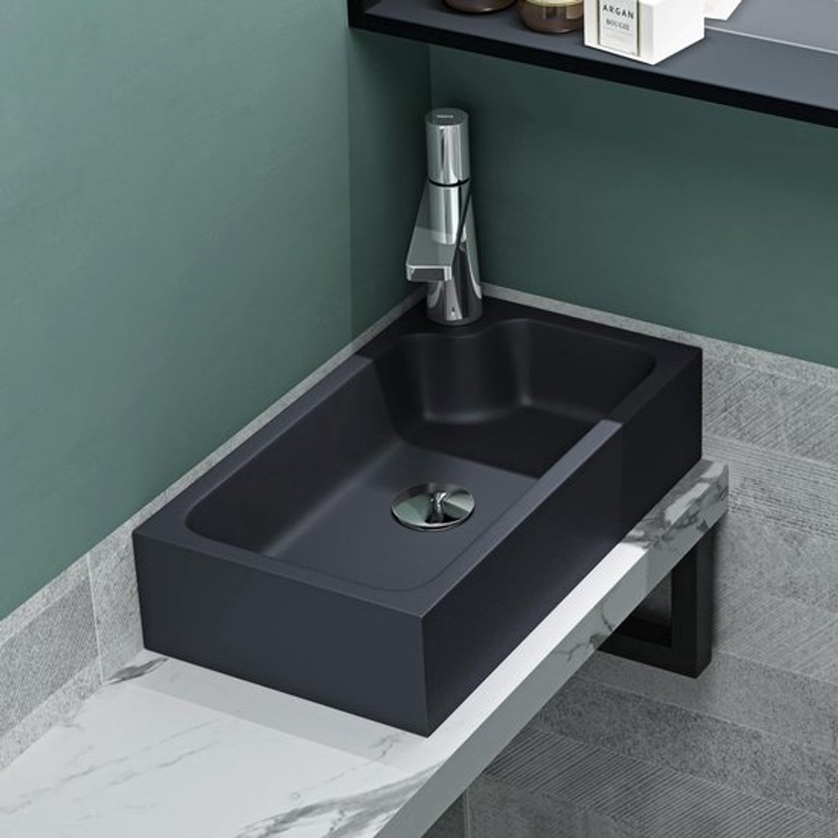 Opzetwastafel - Kleine wasschaal - Gasten wc - Mineraal gegoten - 46x26x11cm - Mat antraciet