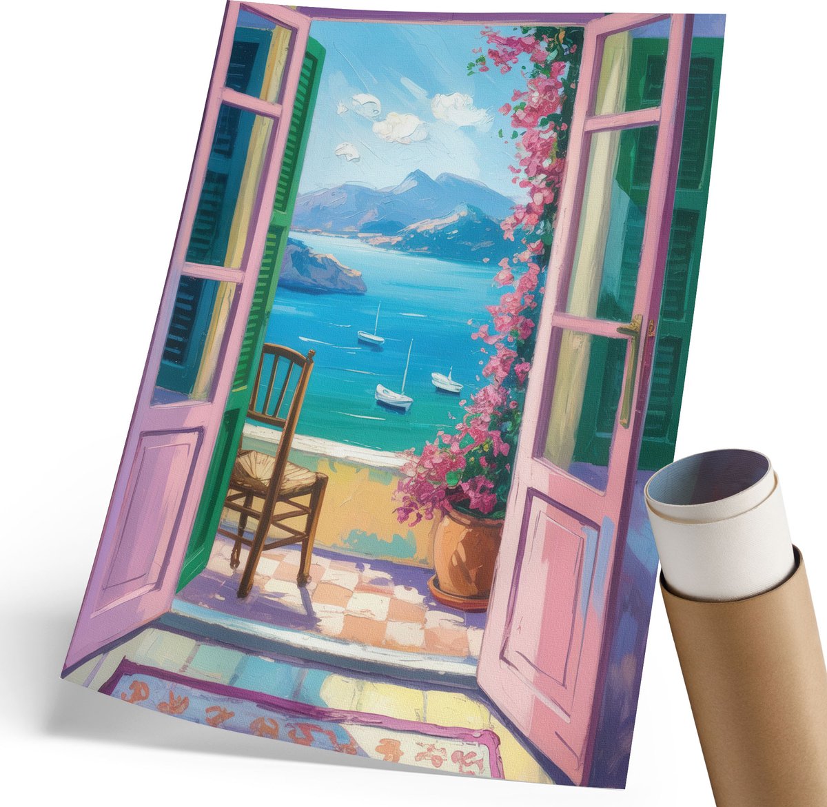 Coloray Canvas Poster Polycanvas - Deuren Naar Het Balkon, Schilderen - 210 x 297 mm - Blauw Patroon - Rechthoek - Decoratieve poster - Woonkamer, Slaapkamer, Kantoor - Romantisch