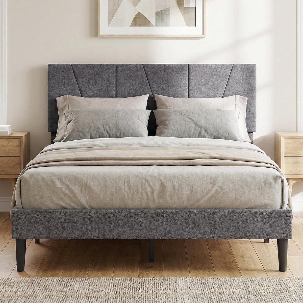 Bedframe 140x200 cm - Industrohome Ledikant met Verstelbare Hoofdbord, Linnen Bekleding en Onderbed Opslag - Grijs