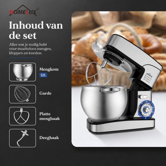 Homelux Keukenmachine 12L - Mixer met Mengkom RVS - Planetaire Mixer 2000W - Deegkneder - Keukenmixer met Garde & Klopper – van Homelux — afbeelding 5