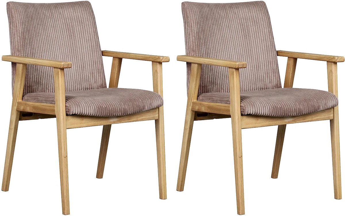 Vente-unique Set van 2 stoelen met armleuningen in ribfluweel en rubberhout - Taupe - FILDON