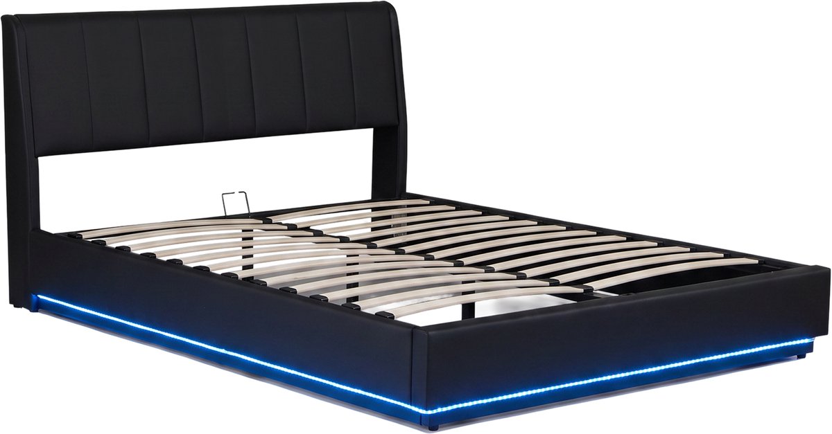 Tweepersoonsbed Tröstiar kunstleer met LED licht 180x200 cm zwart [en.casa]