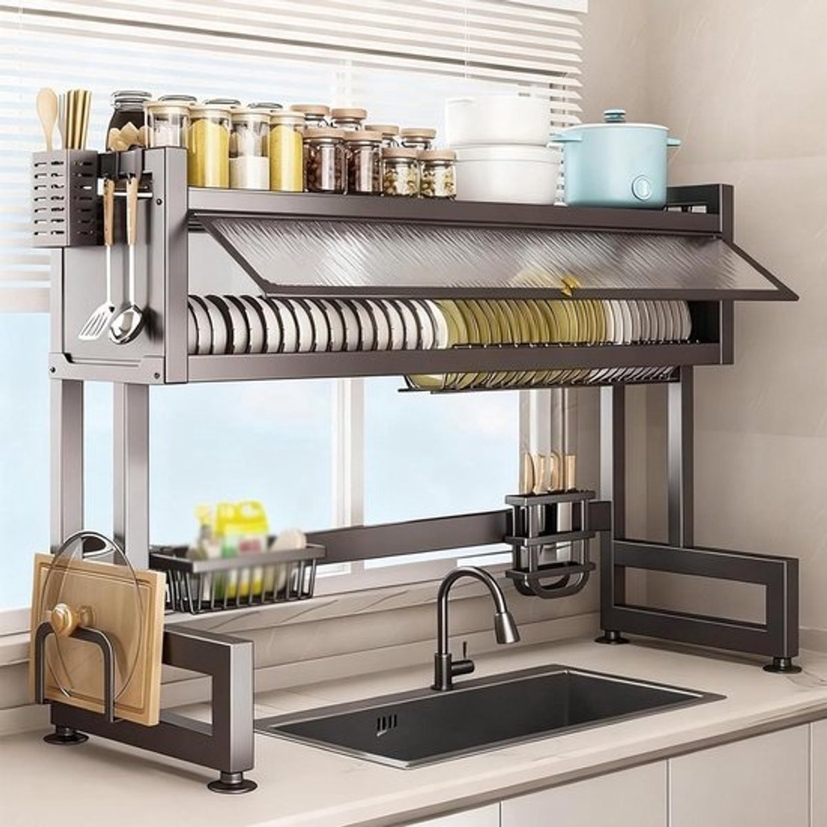 Keuken Droogrek - Afdruiprek Gootsteen - Keuken Ordenen - Stofdichte Klapdeur - 85 cm - Grijs