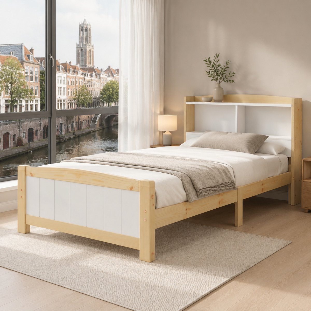 WUVRIE Eenpersoons bedframe 90x200 cm met opberghoofdbord, lattenbodem en wit hout