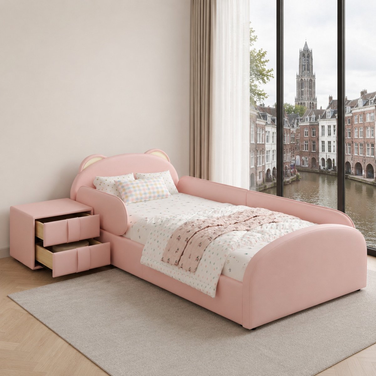 WUVRIE Kinderbed 90x200 cm met berenhoofdbord en nachtkastje, roze