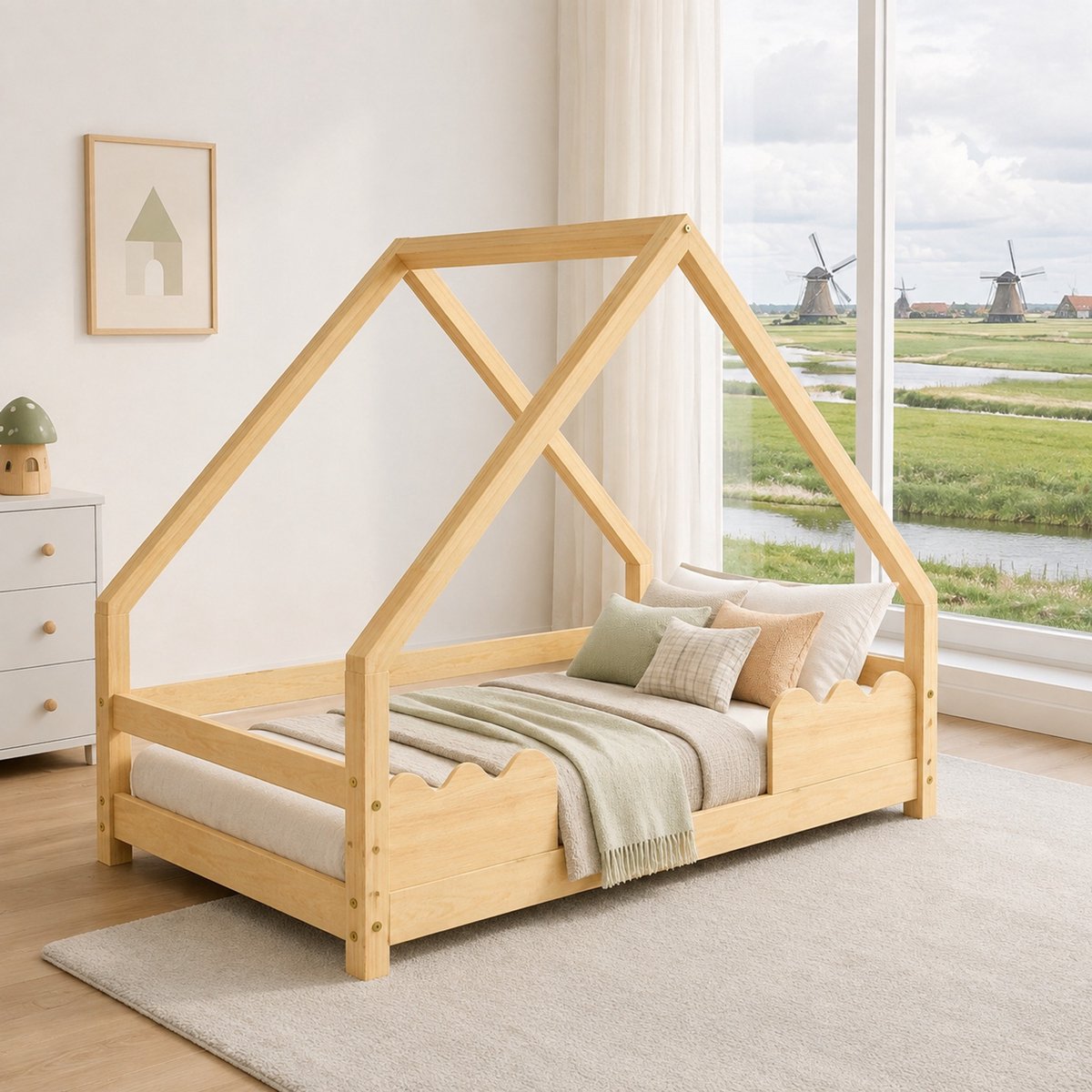 WUVRIE Huisbed kinderbed 90x200 cm met uitvalbeveiliging en lattenbodem, naturel