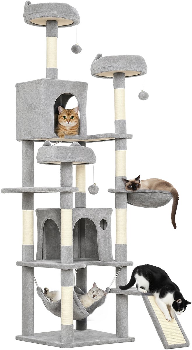 PawHut Cat Tree-Spanplatte, Polyester-48L x 48B x 192H cm-Hellgrau