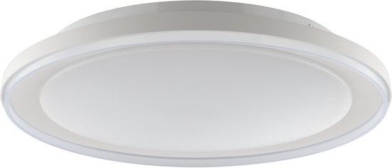 Zijaanzicht van de witte, ronde plafondlamp met verlichte rand en diffuse centrale lichtbron.