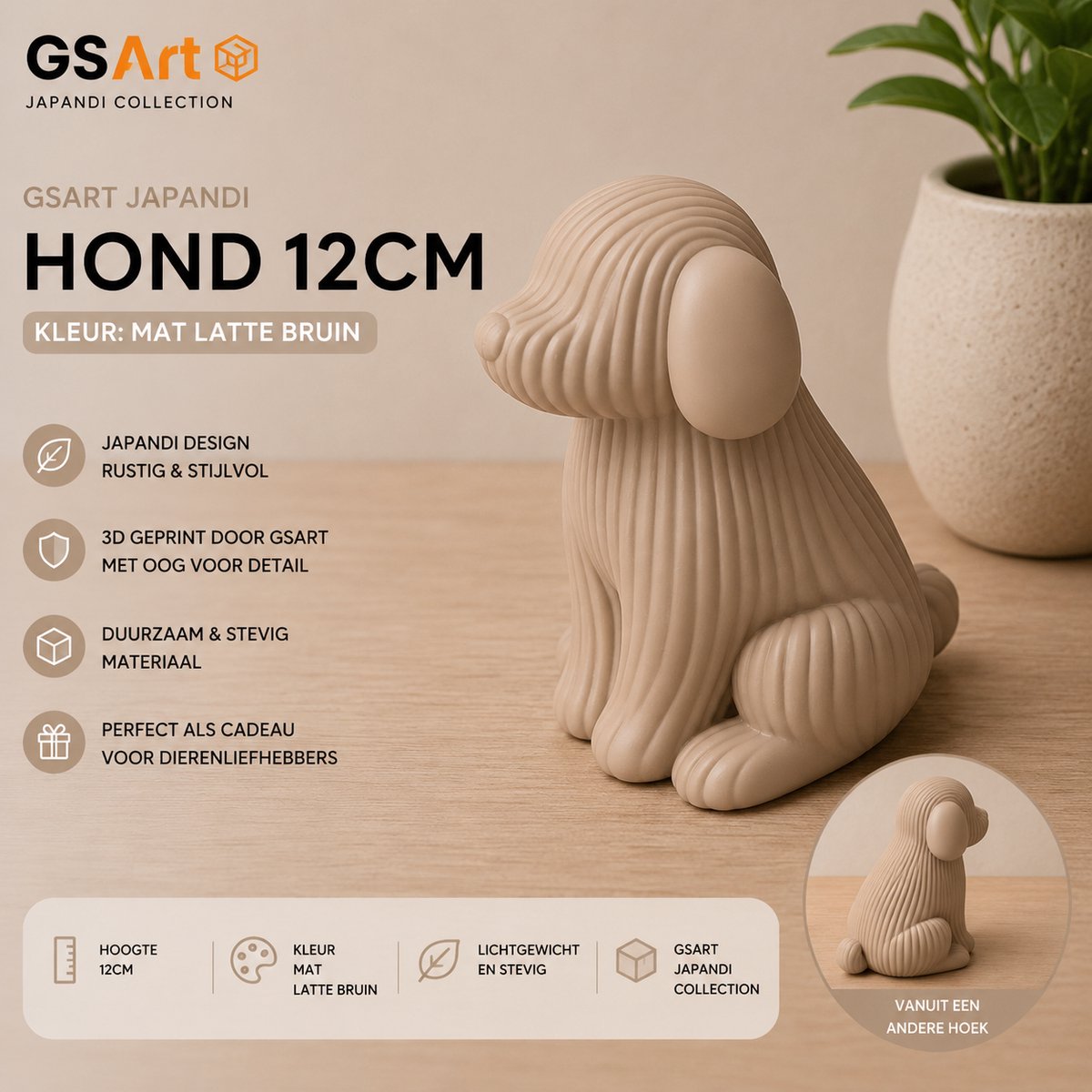 GSArt Japandi Hond – 3D Geprint Decoratiebeeld – Modern Japandi Woonaccessoire - 12cm Mat Lattebruin