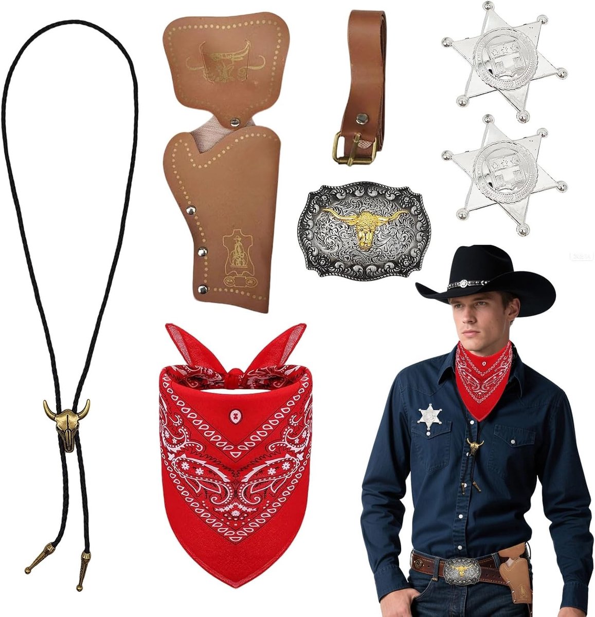 7-delige Cowboy Kostuum Accessoire Set voor Mannen met Bandana, Holster, Sheriff Badge en Neclace voor Carnaval en Cosplay