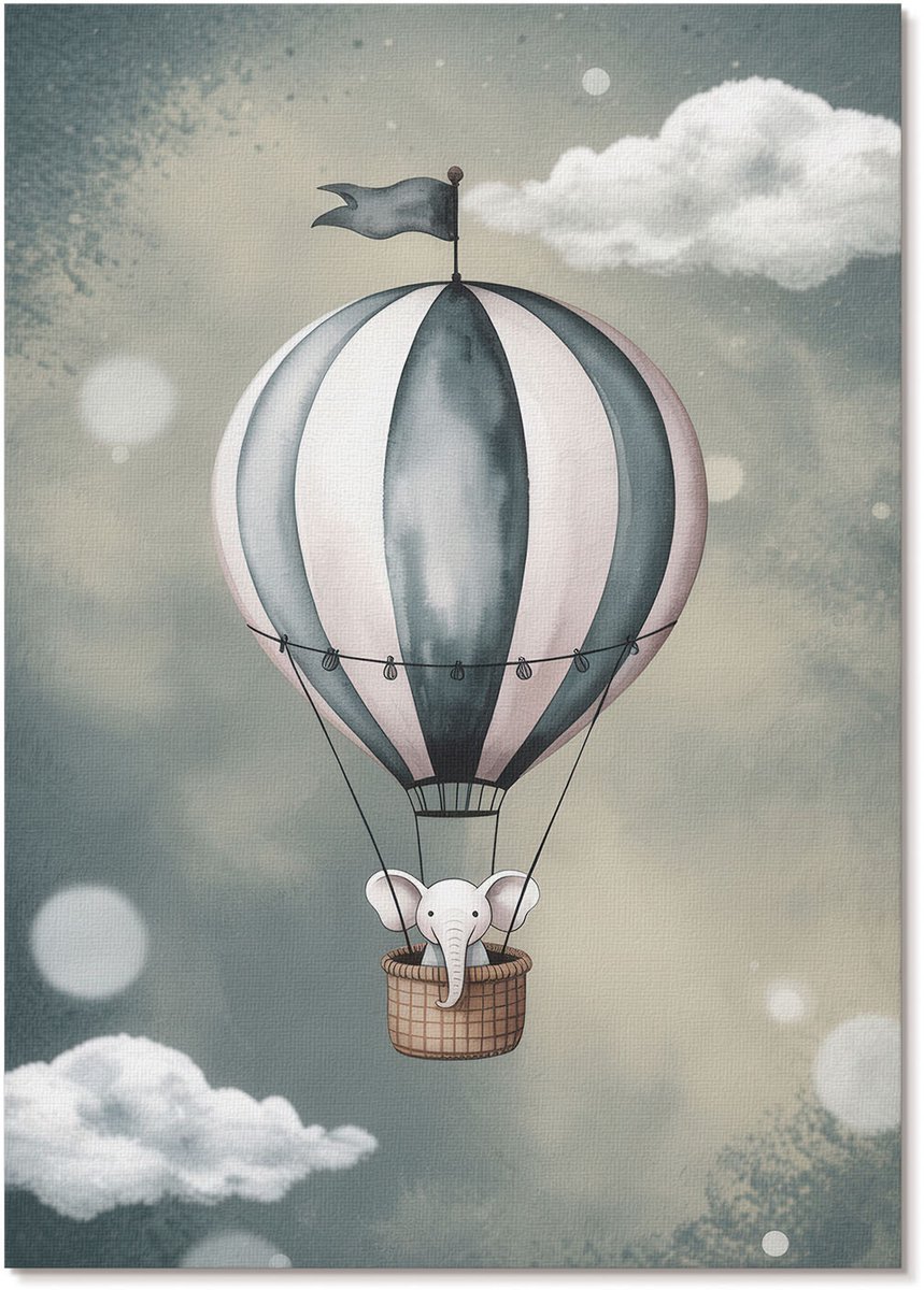 Tulup Polycanvas Wandposter - Olifant In Een Ballon, Illustratie - A4 - Grijs Illustratie - Rechthoek - Muurkunst - Woonkamer, Slaapkamer, Kantoor - Kinder