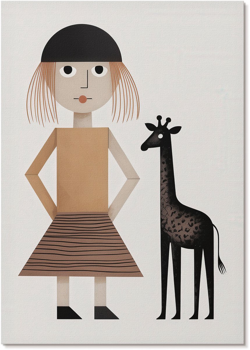 Tulup Polycanvas Poster - Meisje Met Een Giraffe, Illustratie - A4 - Beige Motief - Rechthoek - Decoratieve poster - Woonkamer, Slaapkamer, Kantoor - Kinder