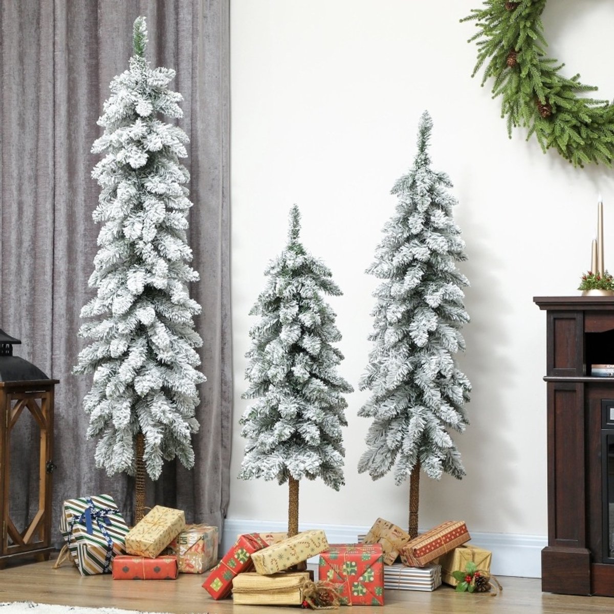 REDOM - Kunstkerstbomen set - 3-delig besneeuwd - slanke vorm - vlamvertragend - kerstdecoratie voor binnen - kunststof - Wit en Groen - 90/120/150 cm