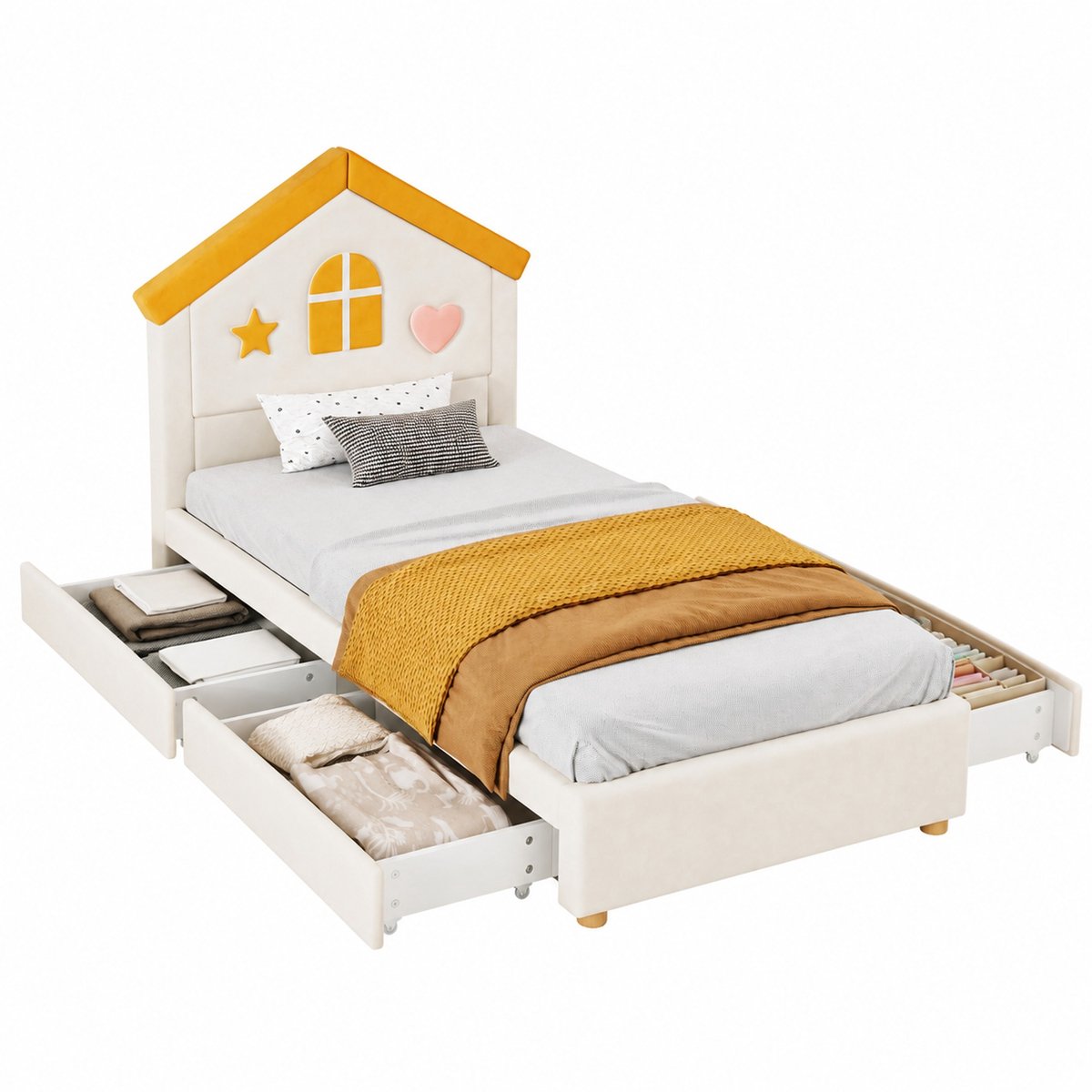 WUVRIE Kinderbed 90x200 cm huisbed met 4 lades, opbergruimte en gestoffeerde afwerking in beige