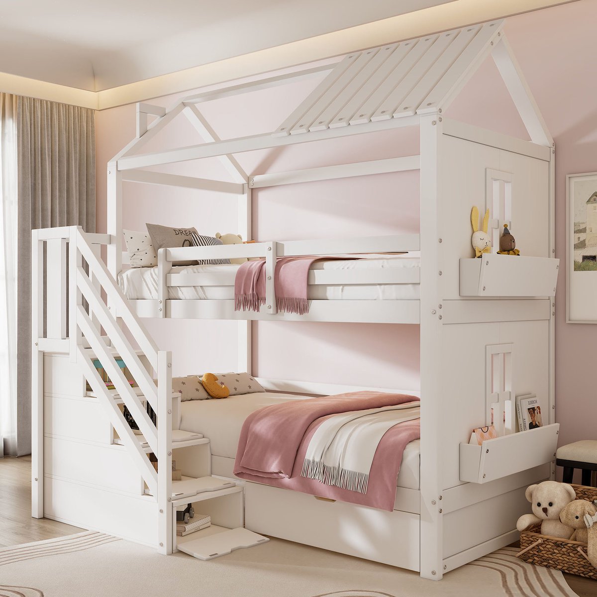 REDOM - Kinder stapelbed - Met opbergtreden, lades en planken - Met lattenbodem - Huisvormig ontwerp - Kinderkamer - Hout en MDF - Wit - 90 x 200 cm