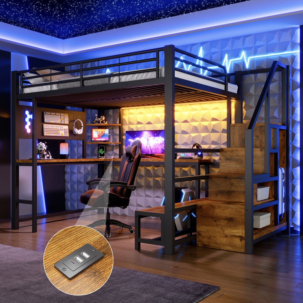 Clruro Hoogslaper 140x200 cm - Met Bureau, USB Type-C en LED Verlichting - Lochwand, Legplanken en Ladderkast - Metaal/MDF - Wit