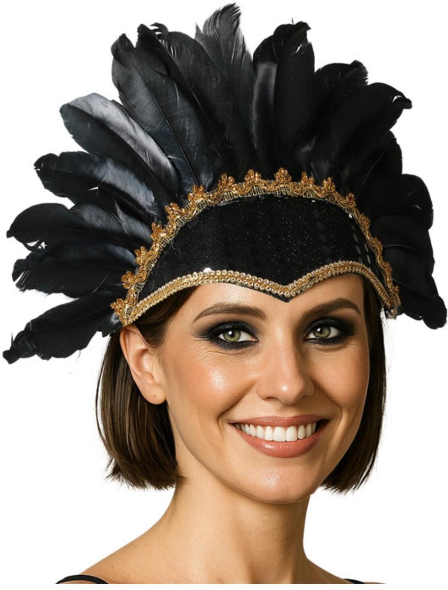 Atosa Can Can danseres hoofdband met veren - voor dames - zwart - Carnaval - Verentooi - verkleed artikelen - Twenties - Broadway - Moulin Rouge