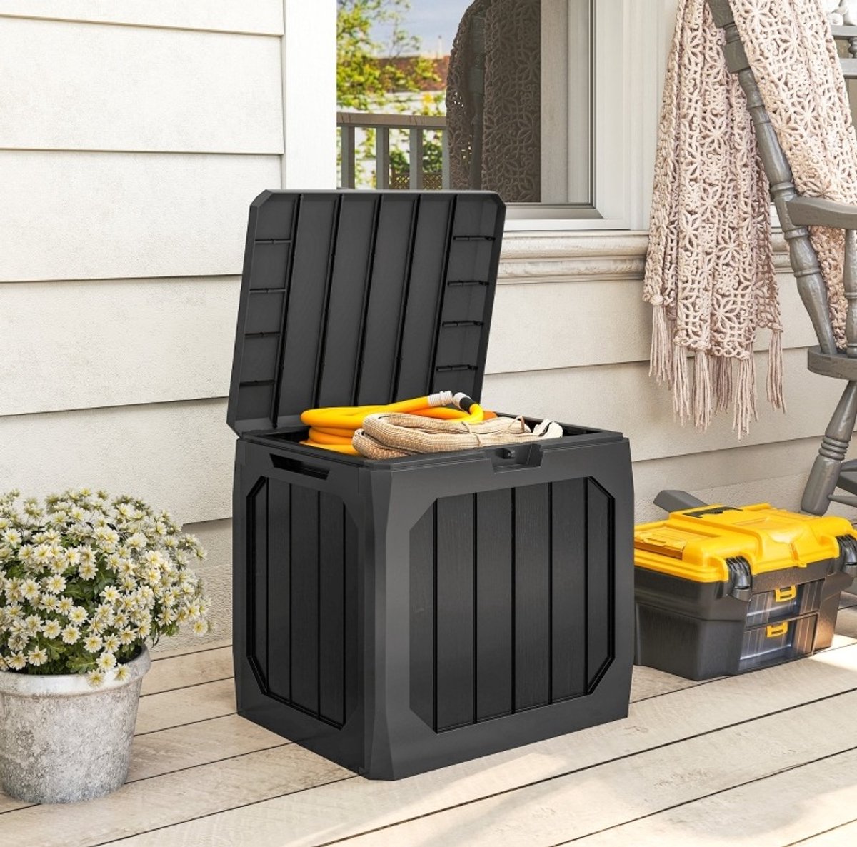 REDOM - Kussenbox - 121L opbergruimte - Met scharnierend deksel en draaggrepen - Afsluitbaar met hangslothouder - Voor tuin en terras - Kunststof - Zwart - 56 x 45 x 53 cm