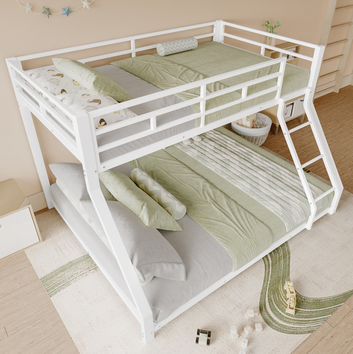 REDOM - Stapelbed - Met trap en uitvalbeveiliging - Voor twee slaapniveaus - Moderne stijl - Kinderkamer - Metaal - Wit - 204 x 144,5 x 136 cm