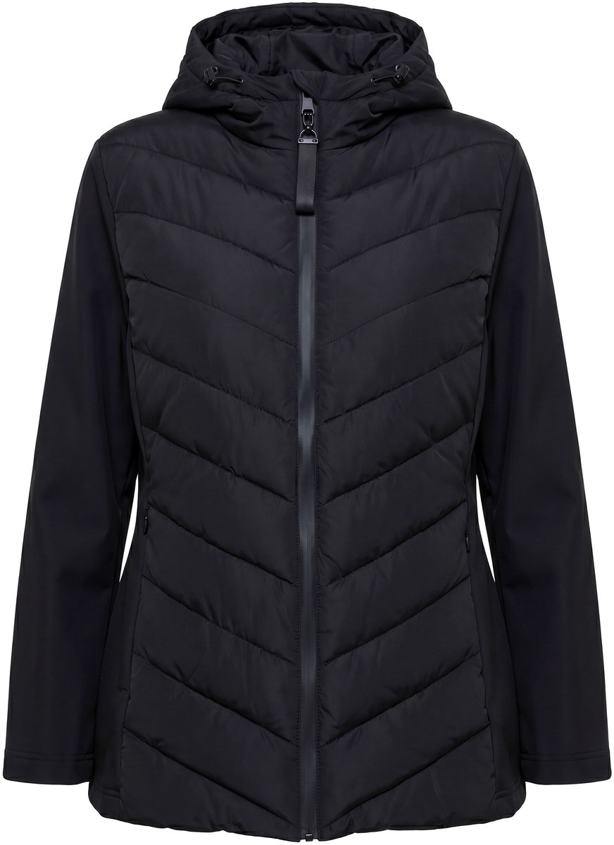 Ulla Popken - Dames - HYPRAR hybride jas materiaalmix opstaande kraag capuchon - Zwart - Maat 42+