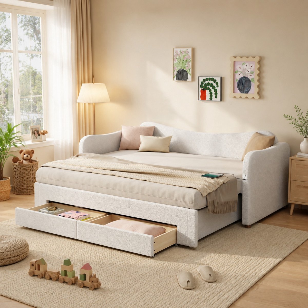 REDOM Slaapbank - Uitrekbaar met 2 opberglades - Inclusief lattenbodem en USB-aansluiting - Bouclé bekleding - Woonkamer - Beige - 216 x 99 x 80 cm