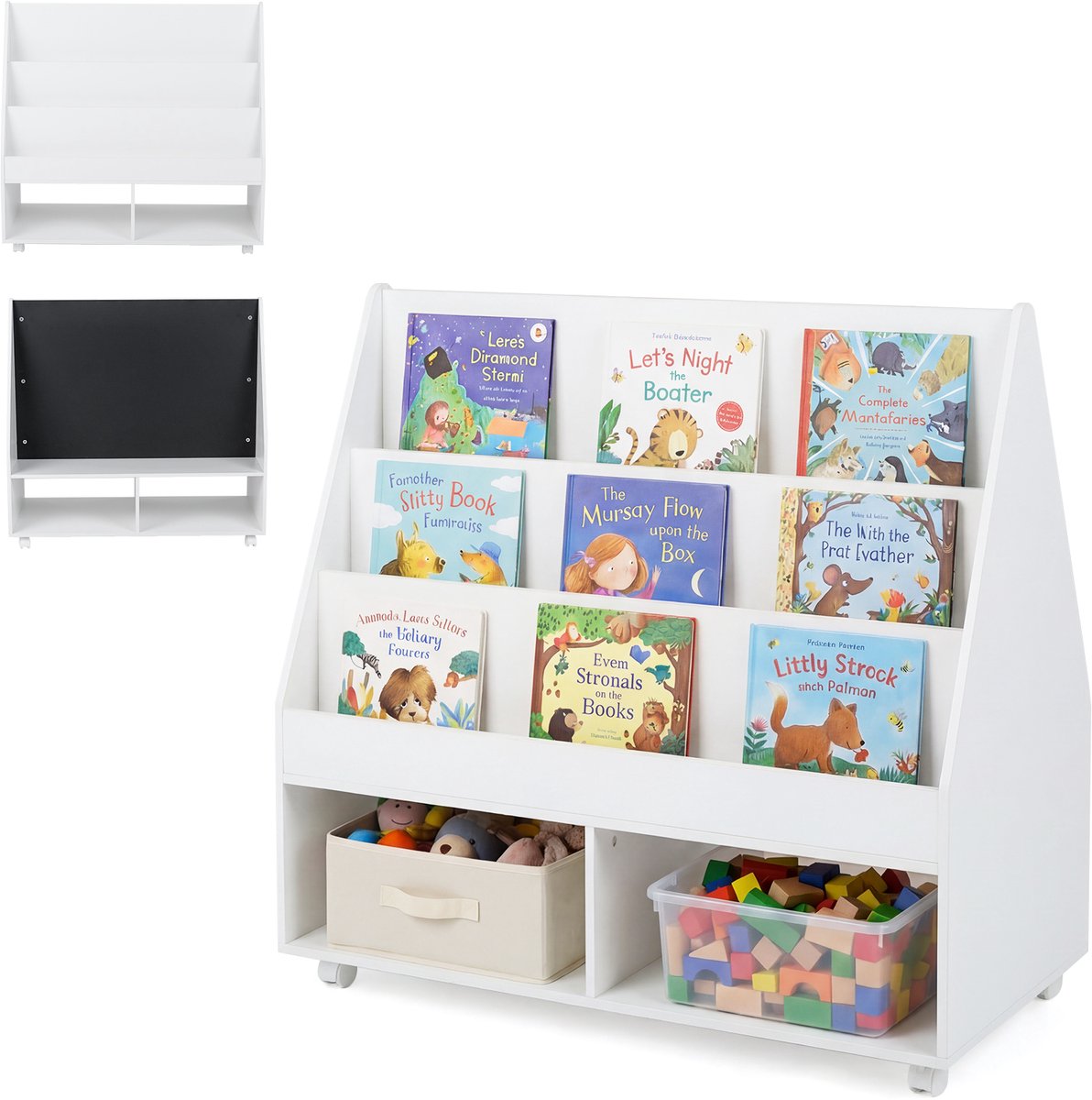 COSTWAY Kinderboekenrek dubbelzijdig, Boekenrek voor kinderen met krijtbord & wielen, Montessori speelgoedrek met 3 planken & 2 vakken, Krantenstandaard van hout, Opbergrek voor kinderkamer (Wit)