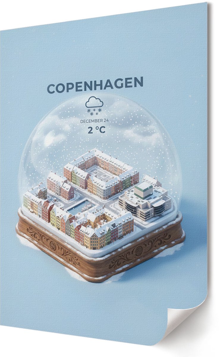 Coloray Canvas Poster Polycanvas - Kopenhagen Sneeuwbol, Illustratie - 420 x 594 - Blauw Decoratie - Rechthoek - Muurdecoratie - Woonkamer, Slaapkamer, Kantoor - Modern