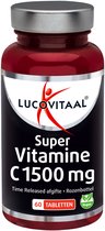 Fles met Lucovitaal Super Vitamine C 1500 mg, 60 tabletten, Time Released, Rozenbottel, Vegan.