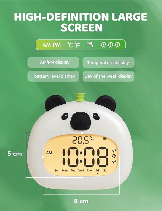 Kinderwekker Panda - Nachtlampje Wekker - Kinderkamer Decoratie - Oplaadbaar Met Sluimerfunctie - 315 Inch - Wit Zwart — afbeelding 3